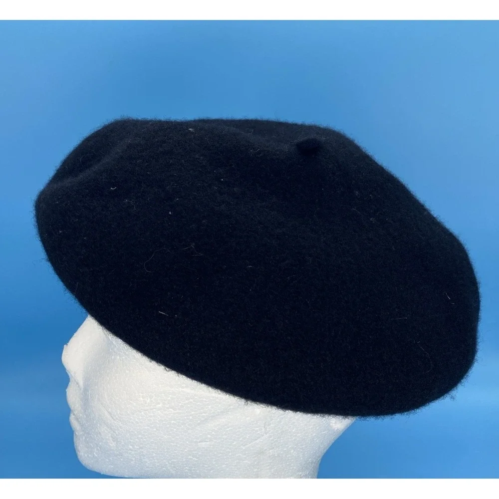 Lancome Paris Women's Black Wool Beret Hat Gold Script Embroidered One Size